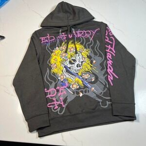 Ed Hardy Charcoal Hoodie with Yellow Skull and Pink Script